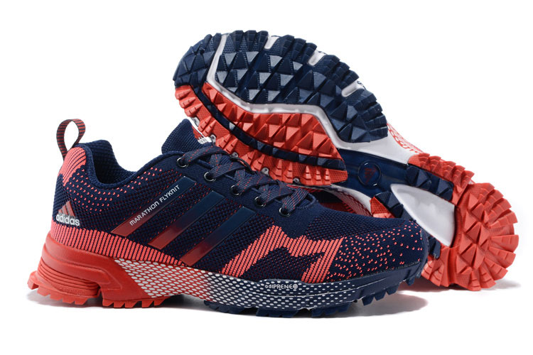 2015 Men's Adidas Marathon Flyknit Running Shoes Navy/Bright Red